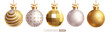 © AmazeinDesign - Christmas balls gold vector set design. Christmas elegant ball in embossed pattern, shiny, silver glitter and glossy round bauble hanging isolated in white background. Vector illustration 3d ornaments