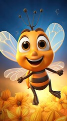 Poster - cartoon honey bee hovering over a sunflower character to collect the nectar with copy space area and isolated on orange background 