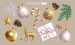 © AmazeinDesign - Christmas elements elegant vector set design. Christmas 3d element like balls glitter, candy cane, deer, white and green spruce leaves and gift box xmas ornaments collection. Vector illustration