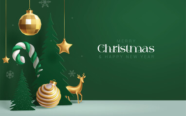 Wall Mural - Merry christmas greeting card vector background design. Christmas and happy new year with hanging gold balls, stars, candy cane and paper cut pine tree in green background. Vector illustration holiday