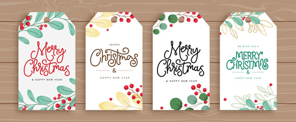 Wall Mural - Christmas gift tags card vector set design. Merry christmas greetings text xmas tags collection with watercolor leaves and holly berry in water color design. Vector illustration holiday greetings set.