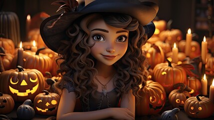 Cartoon witch with fantasy pumpkins. Generation AI  