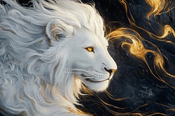 White lion, gold and black background