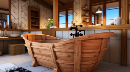 Canvas Print - Cartoon wooden tub. Wood vats with hot water, rustic baths woodens basins round handmade bathtub  