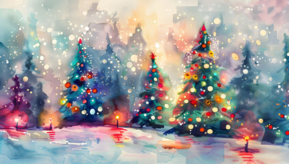 Wall Mural - abstract digital painting of christmas pine trees with colorful lights, featuring a blurred backgrou