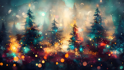 Wall Mural - abstract digital painting of christmas pine trees with colorful lights, featuring a blurred backgrou