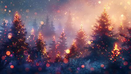 Wall Mural - abstract digital painting of christmas pine trees with colorful lights, featuring a blurred backgrou