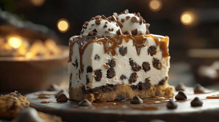 A slice of cake with chocolate chips and whipped cream on top. The cake is cut in half and has a few chocolate chips on the plate