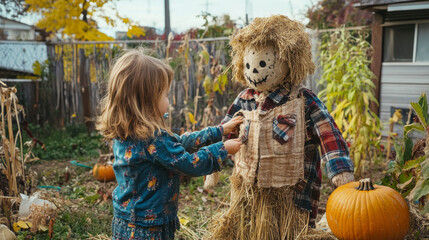 Family constructing a scarecrow from hay and old clothes in their backyard for the autumn season