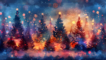 Wall Mural - abstract digital painting of christmas pine trees with colorful lights, featuring a blurred backgrou