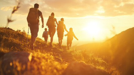 A family hiking at sunrise to celebrate the longest day of the year, soaking in the golden light , people doing a Summer Solstice Hike