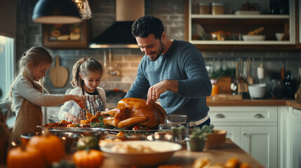 Family working together to prepare a delicious Thanksgiving dinner feast in their cozy kitchen. Parents are busy with the turkey and side dishes, children help with preparation for a festive night