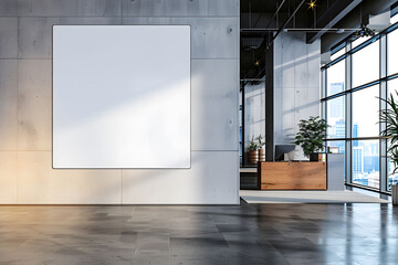 Wall Mural - White mockup of a square blank poster on a concrete wall in a modern office interior with panoramic windows and a reception desk.