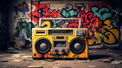 Old retro Boombox ghettoblaster with abstract colorful graffiti wall background. Neural network ai generated art