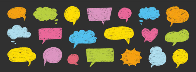 Poster - Crayon talk speech balloon frame doodle vector. Hand drawn crayon doodle speech cloud bubble set. Chalk texture sketch text talk cloud balloon frame background. Vector illustration.