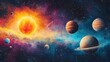 © pornsawan - A set of round space planets of the solar system and Earth,sun the Moon,solar system objects for educational projects,hand painted planets and moons, satellites,watercolor painting in galaxy.
