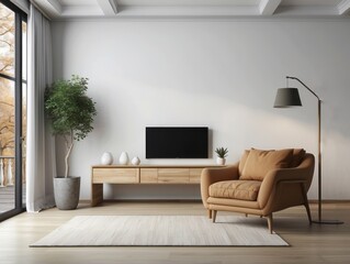 Wall Mural - Modern Living Room with Tan Armchair and Wooden Console