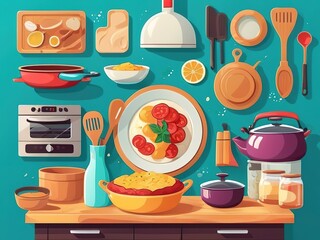 Cartoon-style vector of cooking utensils and ingredients on a kitchen table.