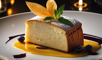 Wall Mural - A slice of cheesecake with a yellow sauce and blueberries on a white plate