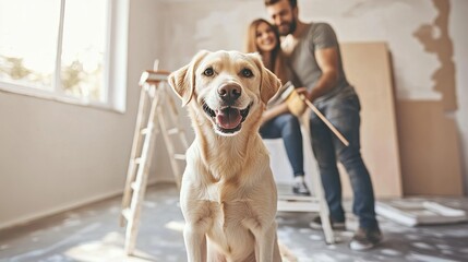 Wall Mural - Cute dog with brush in front of couple painting wall in their new home. copy space for text.