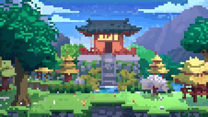 Japanese tea garden pixel art background. 8-bit game assets