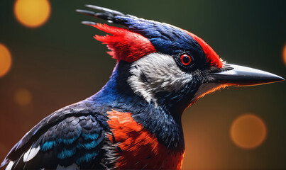 A vibrant blue, red, and black bird with a red crest stares intently at the camera