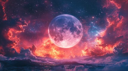 Cosmic moonrise, the moon emerging over an alien horizon, vibrant nebulae in the sky, otherworldly vibes