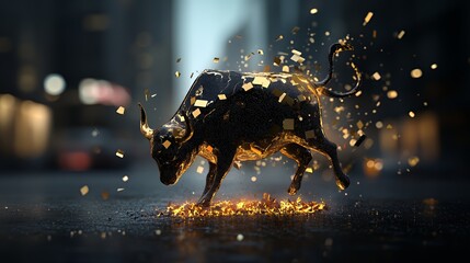 A golden bull emerging from fiery sparks in an urban setting.