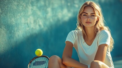 A woman is sitting on the ground with a tennis racket and a tennis ball