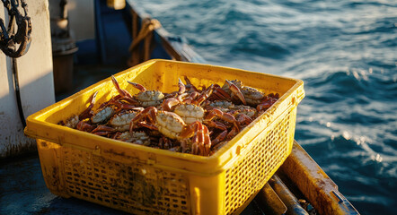 Wall Mural - A yellow plastic crate full of crabs, sitting on the deck of an old-fashioned fishing boat in the harbor