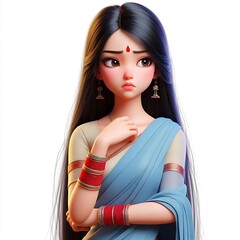 Sad stressed upset Indian cartoon character young adult woman girl teen person wearibg sari portrait in 3d style design on light background. Human people feelings expression concept