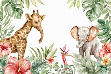 Adorable watercolor safari animals illustration of a giraffe, elephants, tiger, flamingo, deer, lion, and zebra, wildlife tropical leaves and flowers on a white background