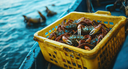 Wall Mural - A yellow plastic crate full of crabs, sitting on the deck of an old-fashioned fishing boat in the harbor