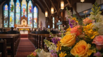 A traditional Easter church service with stained glass windows, floral arrangements, and a congregation in their Easter best.