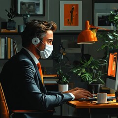 Wall Mural - Businessman on a computer screen in an online meeting, vector art depicting quarantine webinar, ample copy space.  