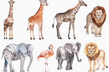 Adorable watercolor safari animals illustration of a giraffe, elephants, tiger, flamingo, deer, lion, and zebra, wildlife tropical leaves and flowers on a white background