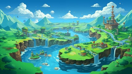 games world map with multiple islands, waterfalls, and rivers, a bright blue sky, green grassy fields background. Generative ai