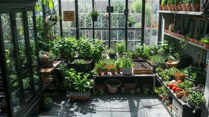 A vibrant kitchen garden with pots of fresh herbs, vegetables, and a small indoor greenhouse