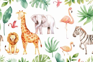 Adorable watercolor safari animals illustration of a giraffe, elephants, tiger, flamingo, deer, lion, and zebra, wildlife tropical leaves and flowers on a white background