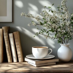 Sticker - Clean white desk setup with books, plant, and coffee, designed for copy space. 