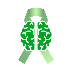 Wall Mural - Vector illustration of mental health awareness green ribbon with brain icon on transparent background