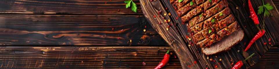 Canvas Print - Sliced beef meatloaf seasoned with spicy salt and red peppers on a cutting board, featuring a gourmet meat selection, presented from an overhead perspective with space for text.