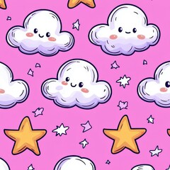 Sticker - A whimsical pastel pattern featuring cute pink and purple stars and clouds, outlined delicately for a kawaii touch.