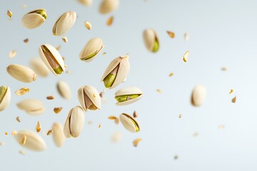 Wall Mural - A dynamic display of flying pistachio nuts against a light background.