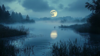 Wall Mural - moonlit photography scene, capturing the moon reflection in a still pond, peaceful and serene atmosp
