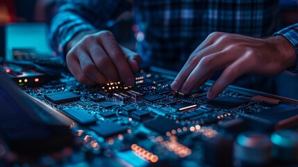a software engineer working on embedded systems, with hardware components and code editor visible on