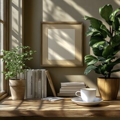 Sticker - Mockup of a workspace desk with books, plant, and coffee, featuring ample copy space. 