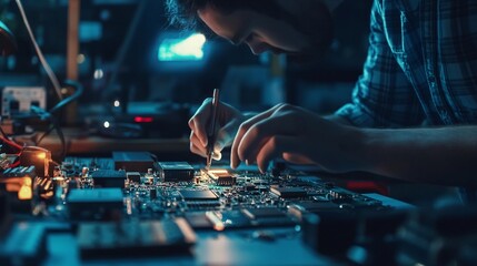 a software engineer developing software for embedded systems, with hardware components and code visi