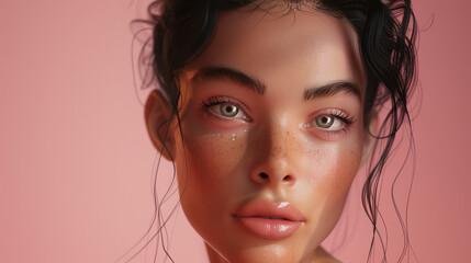 A 3D-rendered portrait of a woman on a pink background. The woman has bright makeup with glitter, natural freckles, and glossy lips. Her hair is tied up with loose strands falling on her face