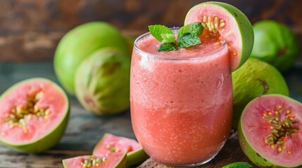 vibrant pink guava smoothie in a glass, garnished with a fresh green leaf, surrounded by sliced guavas on a rustic wooden table